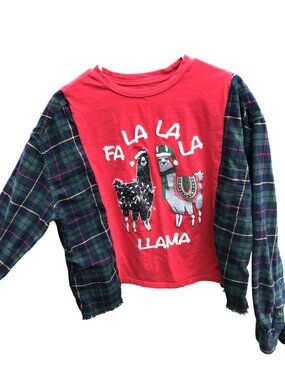 Upcycled Flannel Holiday Shirt, Christmas Graphics Llama Theme Size M - XL